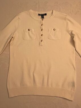 Lauren Ralph Lauren Cream Knit Long-Sleeve Henley Sweater with Gold Buttons